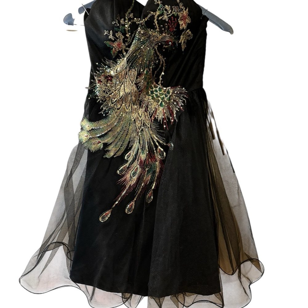 Modcloth Black tulle dress with Embroidered Peacock Design - Picture 2 of 3